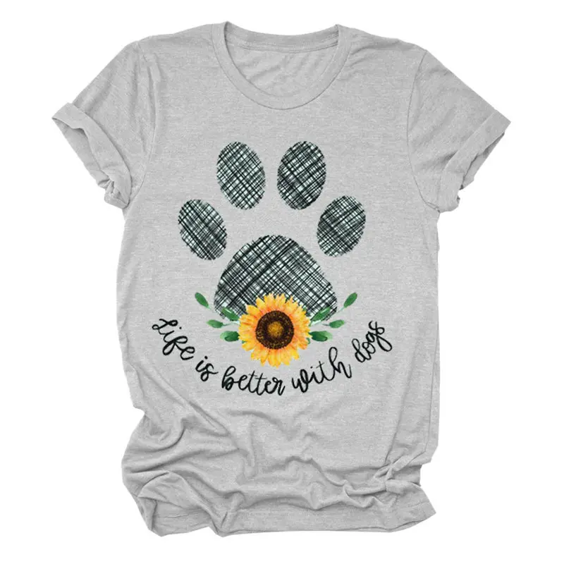 

Women Dog Sunflower Paw Print Casual Short Sleeve Funny Slogan Ladies Crew Neck Tee Top Streetwear Soft Graphics Floral T-Shirt