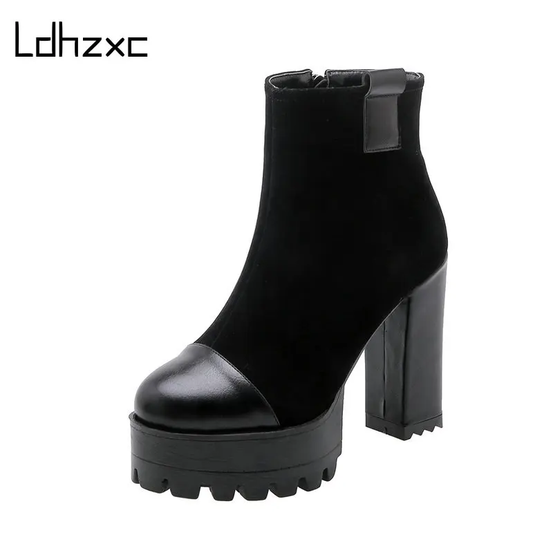 

LDHZXC/женские кожаные ботильоны на высоком толстом каблуке женские полусапожки на платформе с круглым носком на шнуровке и молнии Женская об...