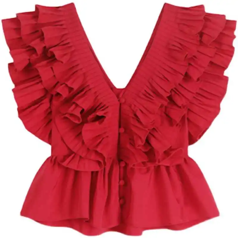 

DEAT 2021 New Spring And Summer Fashion Casual Red Ruffle Waist Slim V-neck Shirt Short Women's Open Back Pleated Top SK915