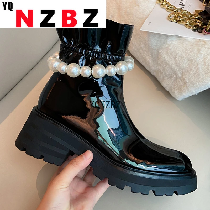 

Fashion Autumn Winter Women PU Leather Ankle Boots 2021 Pearl Chain Women Short Boot Side Zipper Ladies Footwear Size 35-40