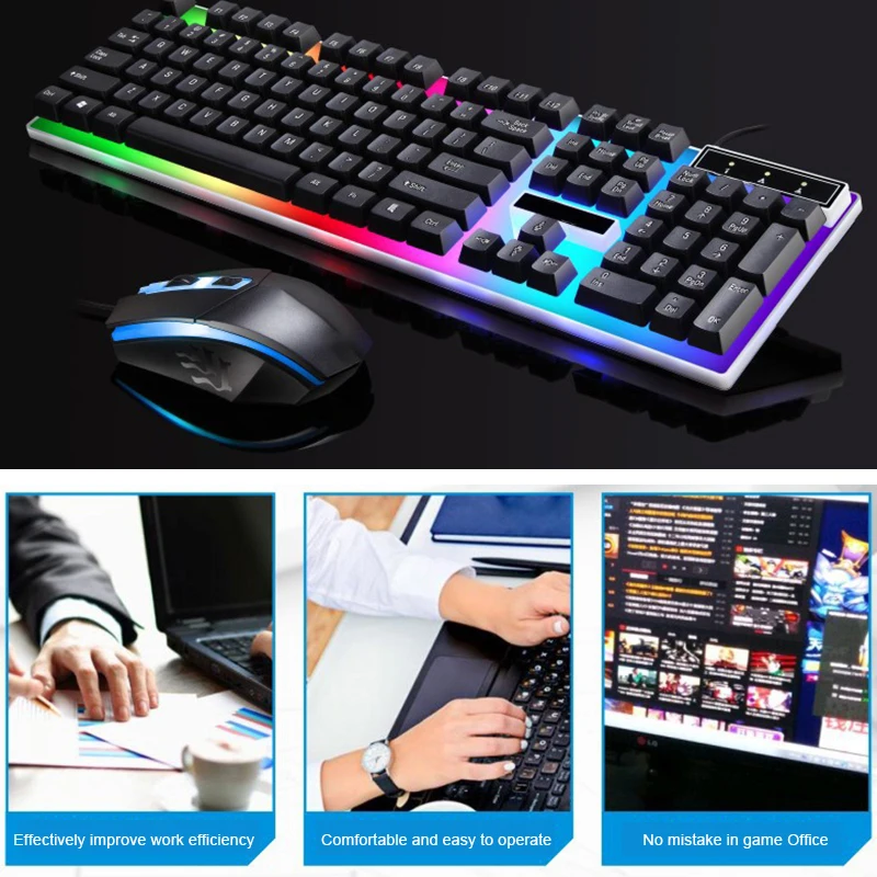 

Игровая клавиатура, мышь, набор, USB, проводная, с подсветкой, цветная Радуга, мышь, клавиатура, комплект для дома и офиса, NC99