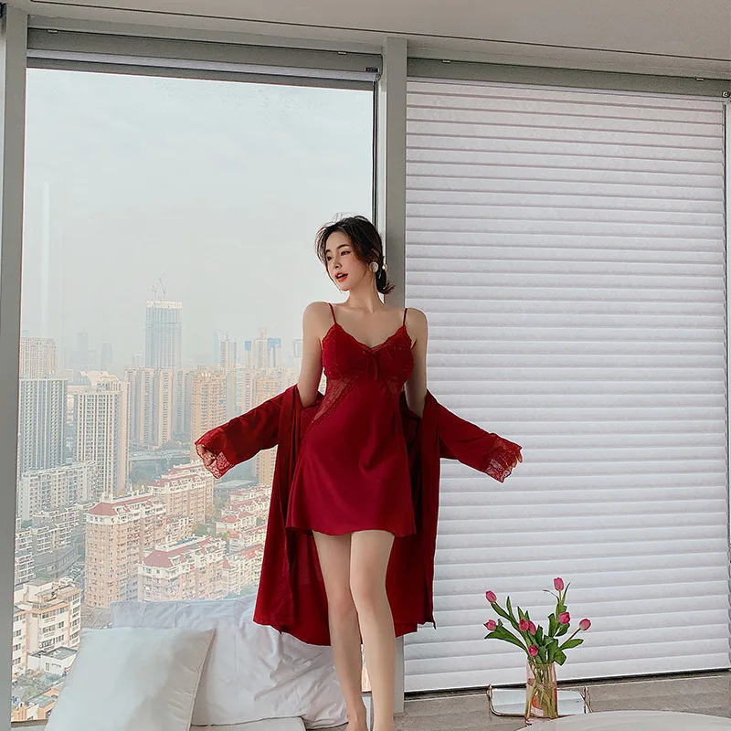 

Luxury Robes Sets Women Ice Snow Silk Nightgown Women Sexy Lace Lace Hanging Skirt Nightdress Girls Solid Color Bathrobe 2 Piece