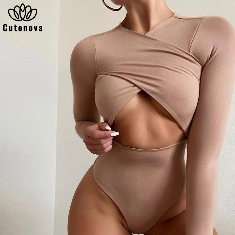 

Cutenova Sexy Party Club Tops For Women Summer 2021 Cross Hollow Out Solid Color Bodysuits Female Fashion Streetwears