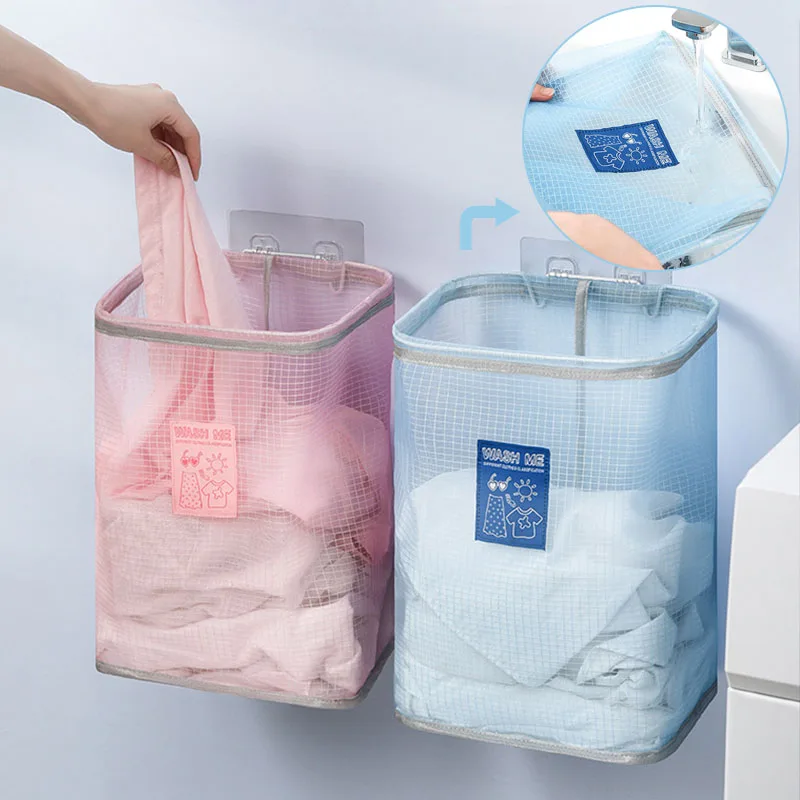 Wall-Mounted Mesh Laundry Basket Foldable Large Toy Storage Baskets Blue Pink Bathroom Storage Clothes Organizer Household Items