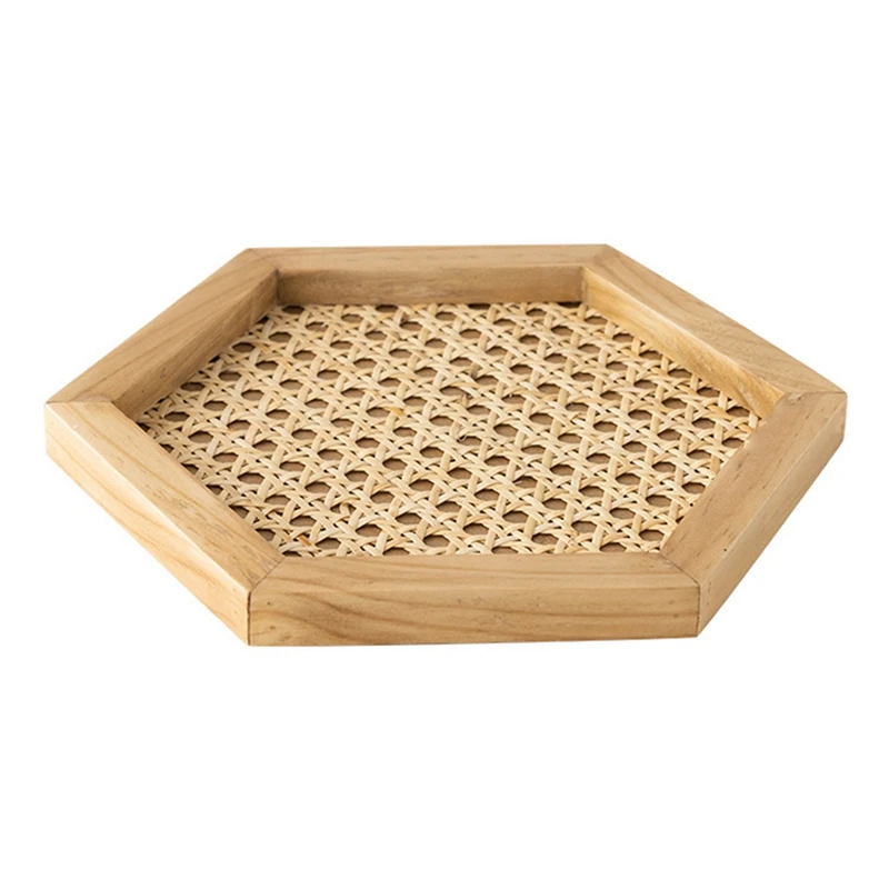 

Big deal 2PCS Rattan Woven Tray Wooden Handmade Ins Wind Geometric Ornament Key Storage Tray, Rectangular Black & Hexagonal Wood