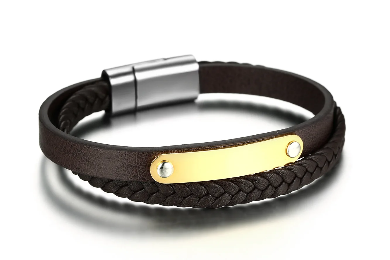 

QWC LB49 stainless steel bangle manbracelet popular bracelet man single steel material leather brown black color