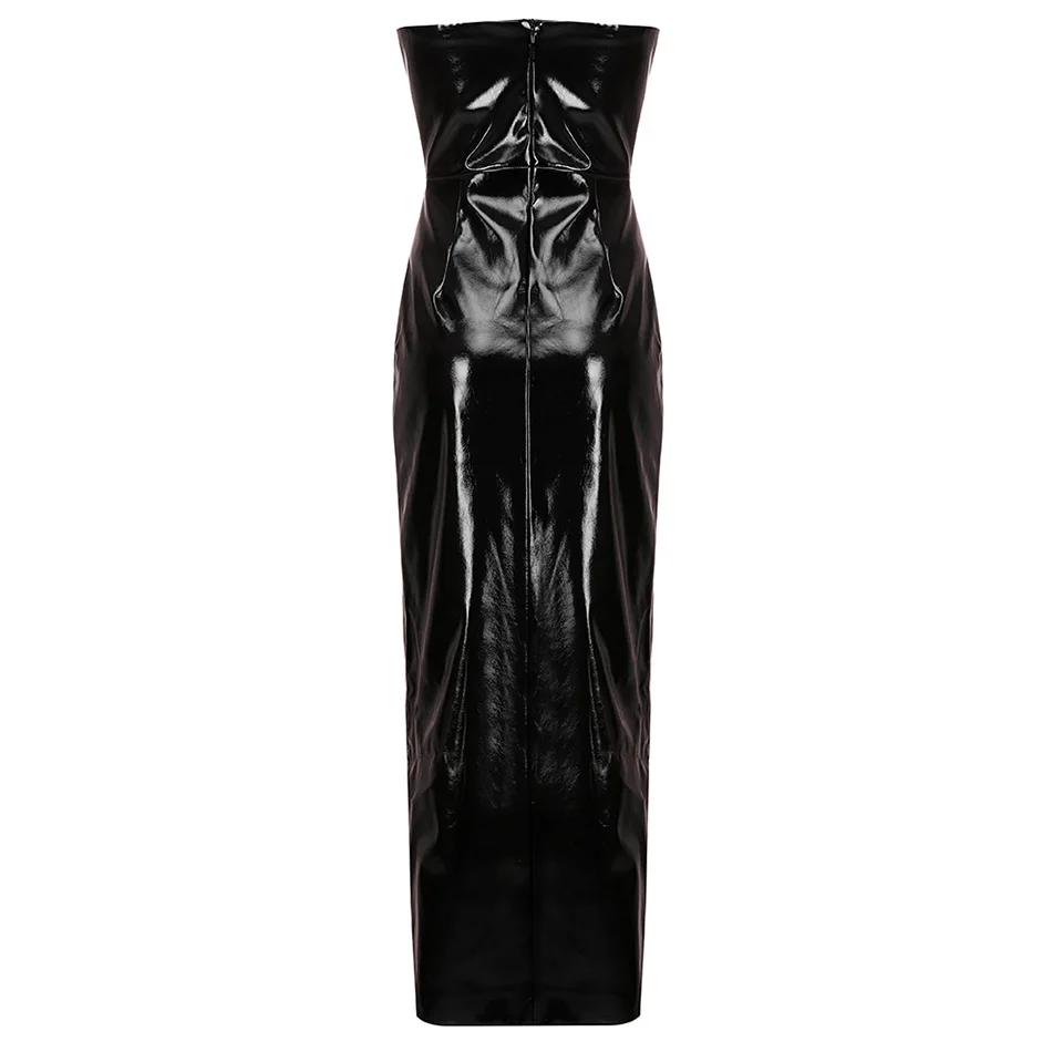

2020 Summer New Women'S Pu Leather Dress Sexy Strapless Sleeveless Perspective Split Fork Club Celebrity Party Dress