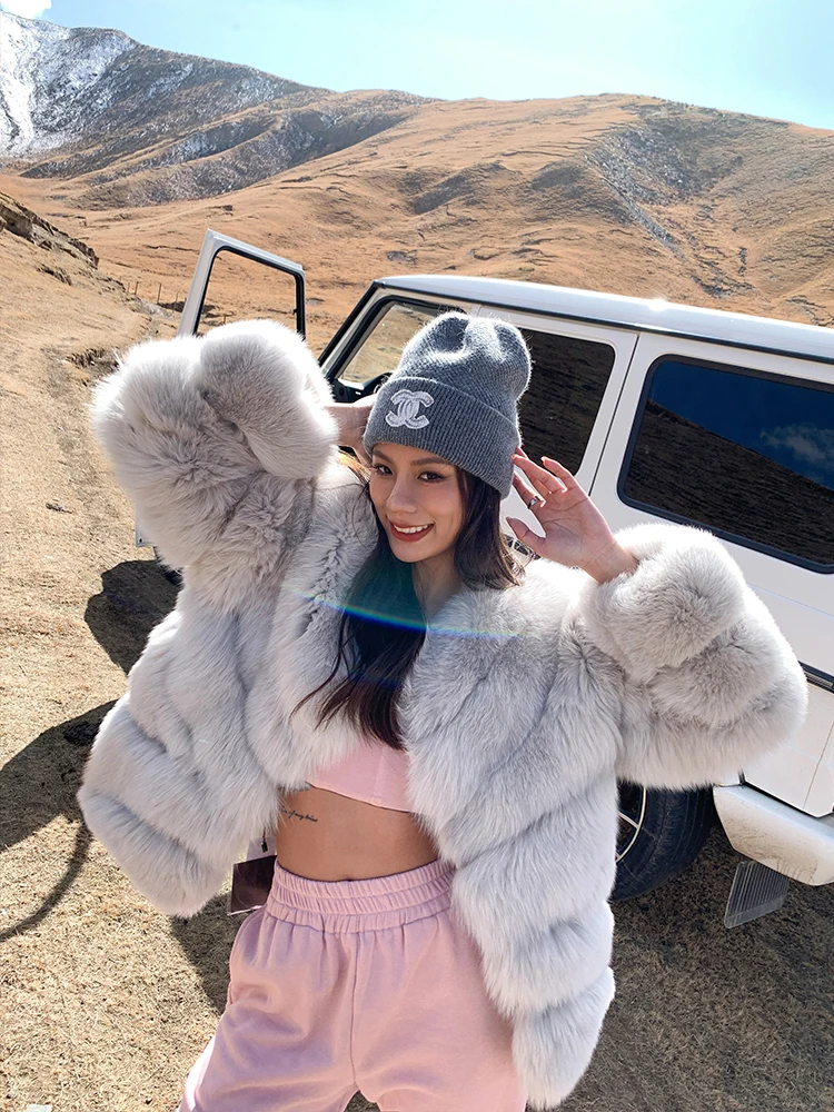 High Quality Women Real Fox Fur Coat Round Collar Winter Fashion Whole Skin Genuine Fox Fur Jacket Woman Natural Fur Overcoats