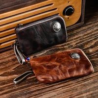 handmade genuine leather men wallet coin purse small mini retro wallet with key chain pocket coin zipper case nr107