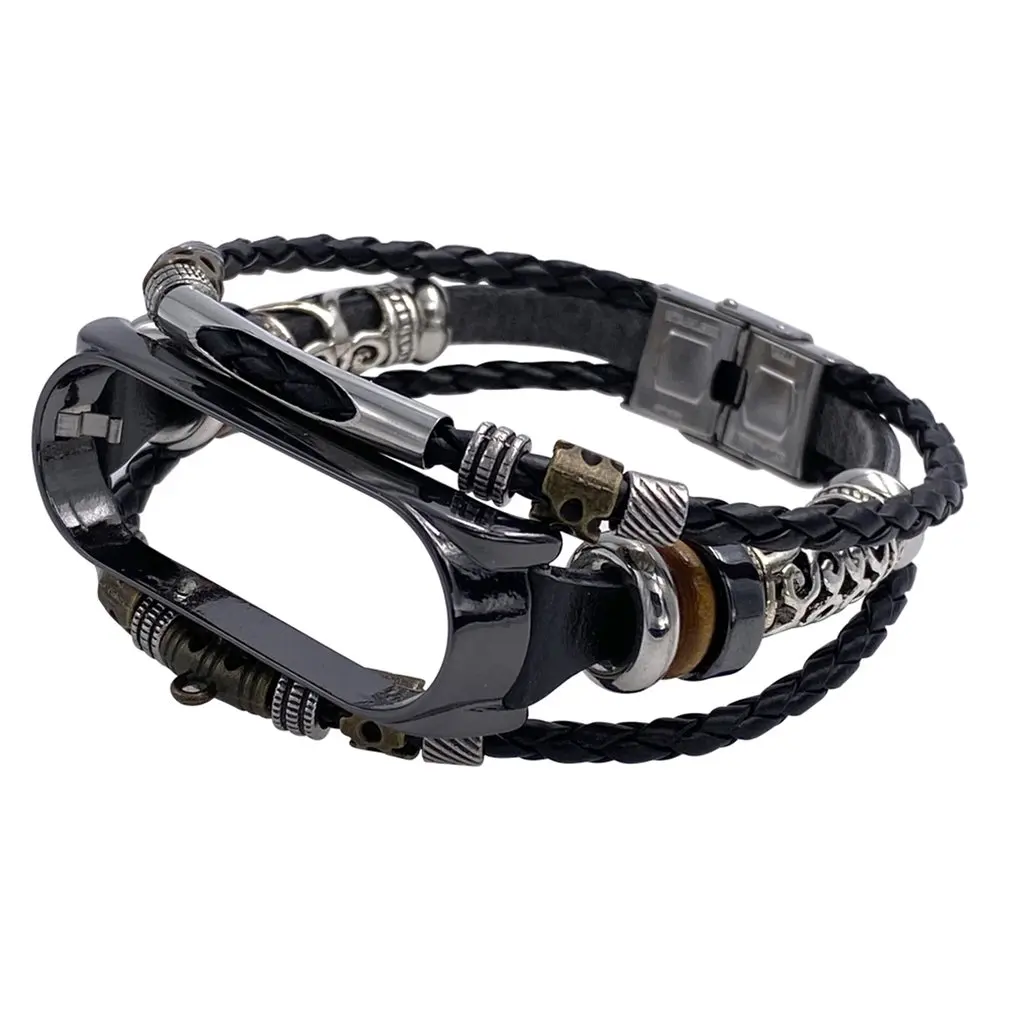 

For Mi Band 4/5 Bracelet Retro Genuine Leather Wristband Strap for Mi Band 4/5 Accessory Metal Case Watchband for MiBand