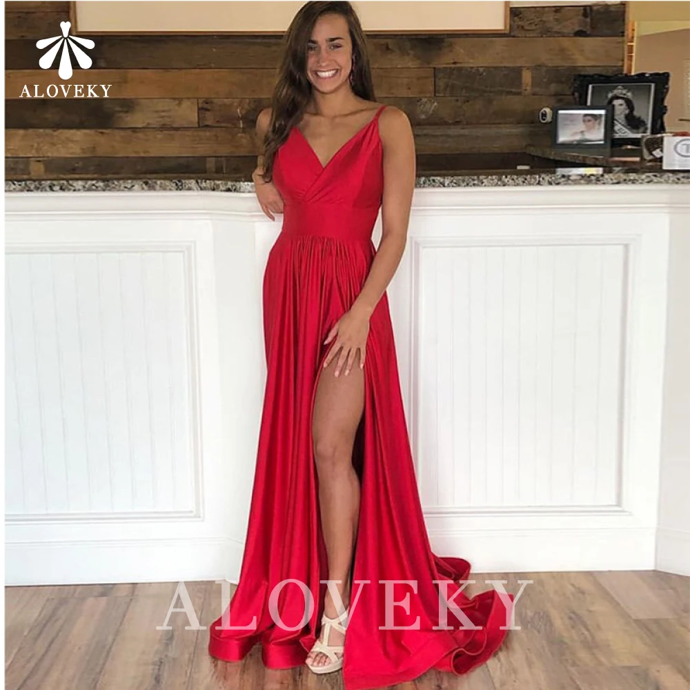 

Red Satin Long Party Dress Spaghetti Strap Elegant Long Evening Dresses for Women Party Side Split Special Occasion Dresses 2021