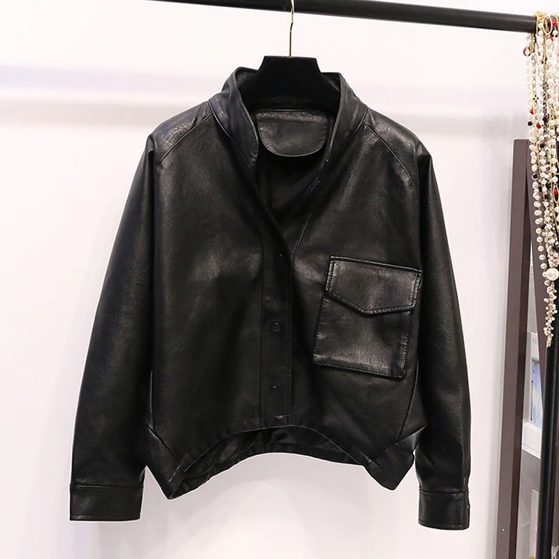 Женская Асимметричная байкерская куртка свободная из искусственной кожи с