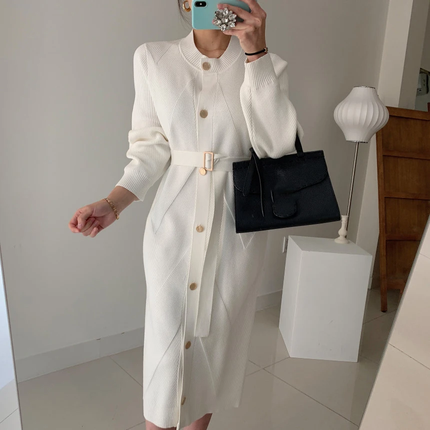 

Women Autumn Chic Sashes Slim Waist Dresses Winter Elegant Single Breasted Femme Vestidos Solid Color Knitted Dress Female GK511