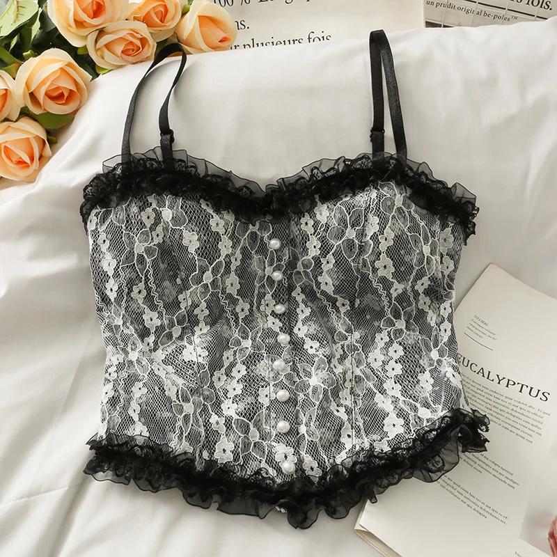 

Korean Lace Crop Tops Women Sleeveless Off Shoulder Slim Camis Summer Sexy Strap Short Tops 2022