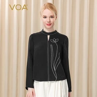 voa silk jacquard black polka dot dark grain semi high collar openwork bright line decorative straight long sleeve t shirt be235