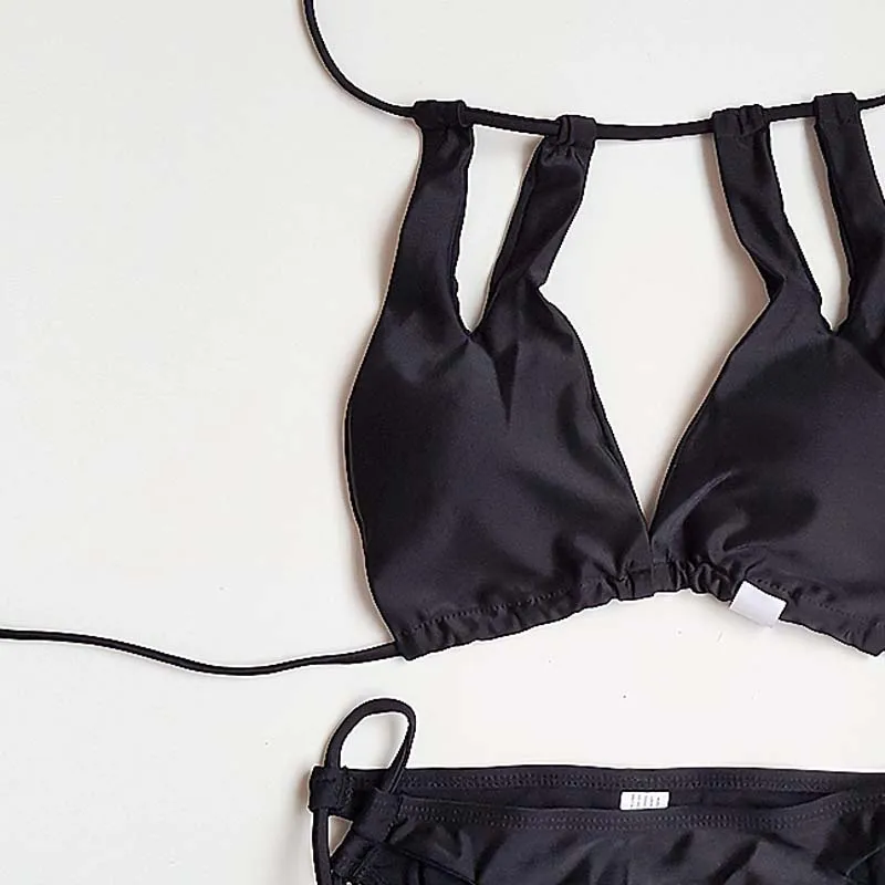 

Paotang Swimwear Female 2021 Summer New Tether Sexy Strappy Bikini Pure Black Beach Focus With Chest Pad Solid Two-Piece Suits