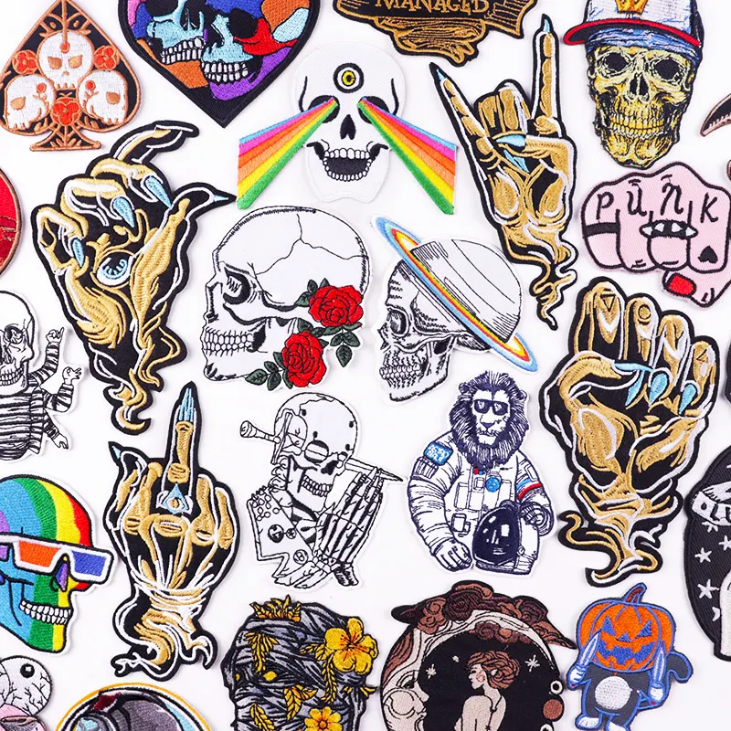 

Punk Skull Rock Gesture Embroidered Patches For Clothing Thermoadhesive Patches Hippie Biker Iron On Patches On Clothes Badges