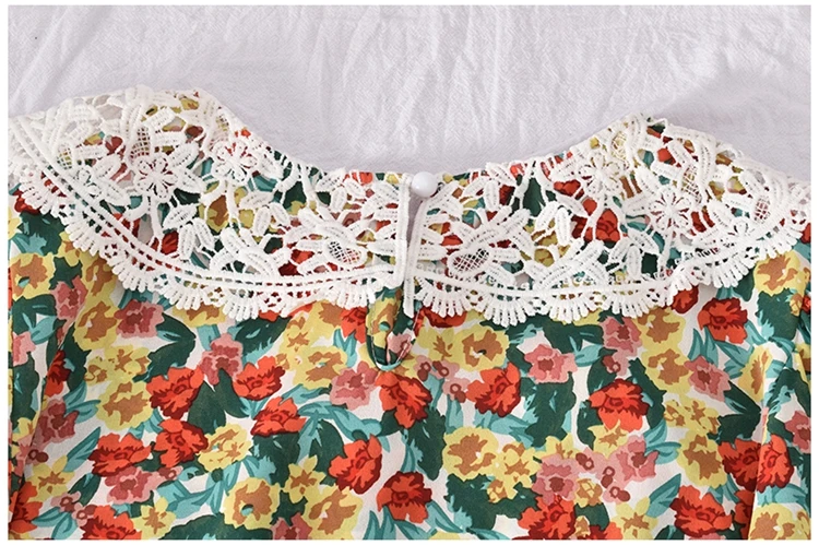 

Peter Pan Collar Chiffon Shirts Women's Tops Vintage Lace Patchwork Floral Print Blouses Korean Fashion Loose Shirt Summer Top