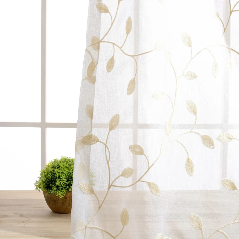 Занавески с вышивкой в деревенском стиле узором зеленых листьев для гостиной