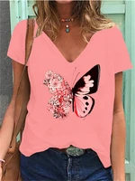 new women clothing for summer 2021 city casual fashion butterfly printing v neck short sleeve loose ladies pullover t shirts