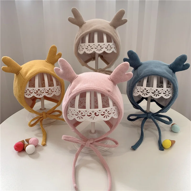 

Age 2-12 Months Antlers Cute Hat Blue Yellow Pink Beanies Skullies Kids Hat Boys Girls Autumn Winter Warm Lacing Babies Cap