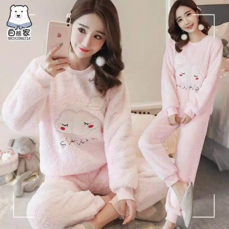 

New Winter Thickening Flannel Warm Pajamas Korean Kawaii Cartoon Pajama Set Fashion Leisure Home Cloth Pyjamas Women Sleepwear