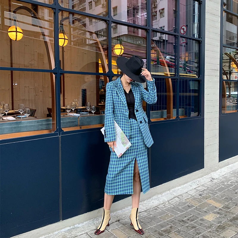 Sets Autumn Elegant Women Office Plaid Long Sleeves Single-Breasted Pocket Suit Jacket + Suits Formal Skirt Set