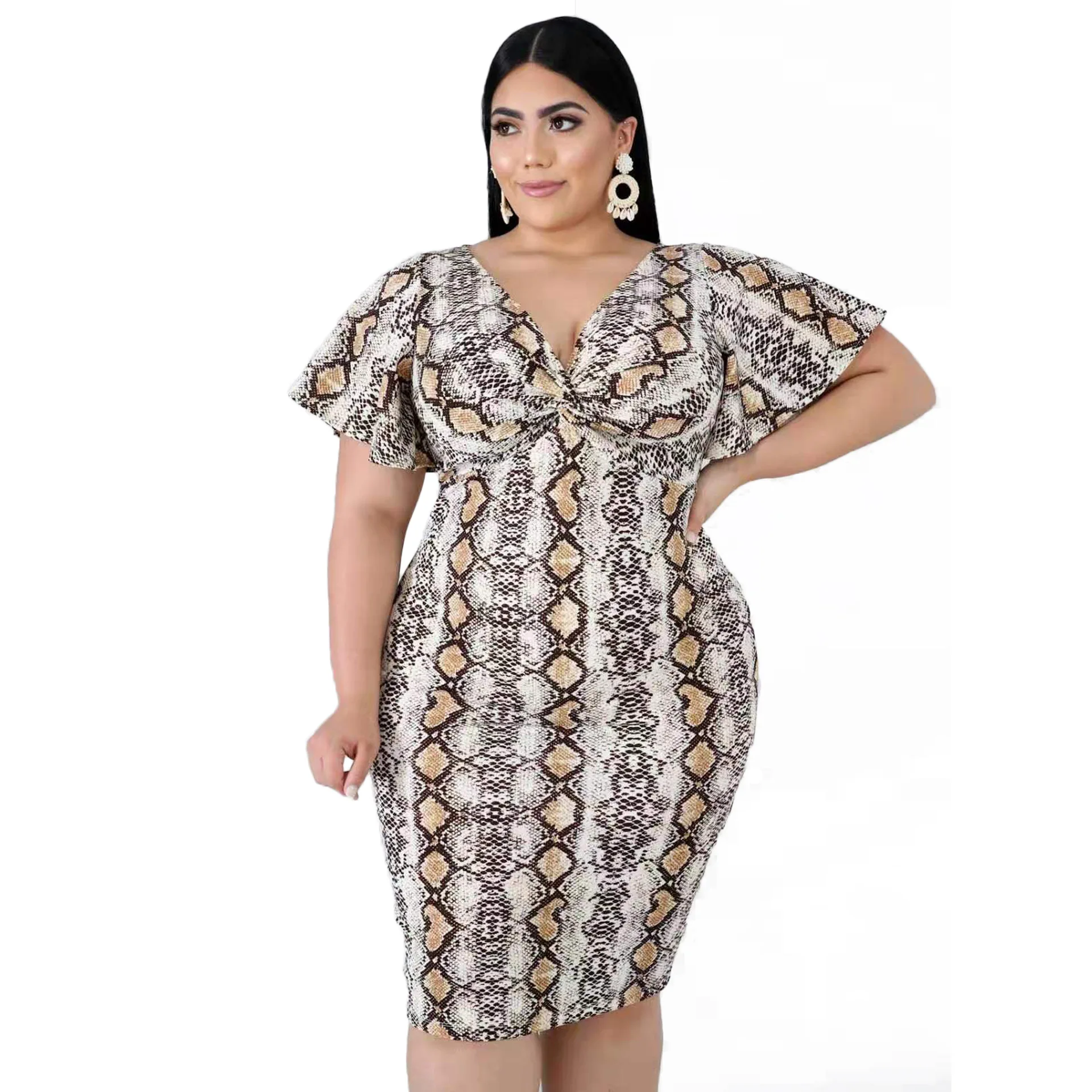 

Plus Size Women's Fashion Snakeskin Print Dress V-Neck Mid-Calf Leopard Dress