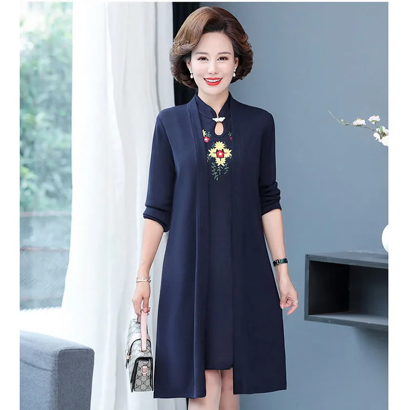 Фото Платье Cheongsam, костюм из двух предметов, весна-осень, элитное элегантное платье, женский комплект с вышивкой среднего возраста, 5XL 2341 №3