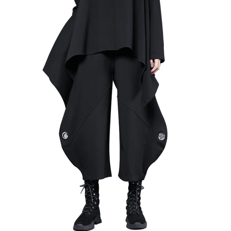 Женские брюки-карго в стиле Харадзюку черные с широкими штанинами со стальными