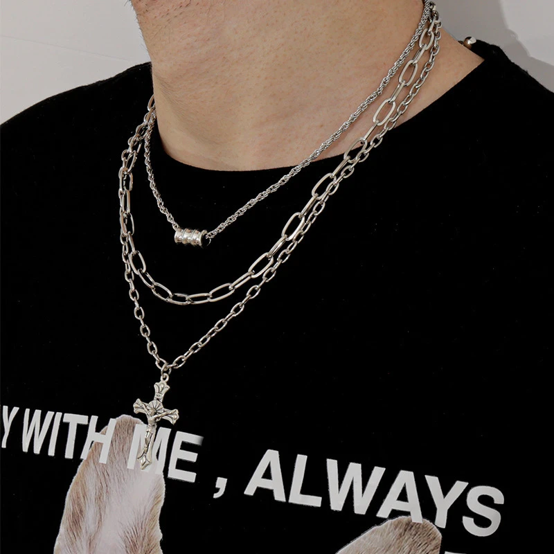 

POTCET Men's Multilayer Cross Roller Necklace Pendant Clavicle Chain Geometric Fashion Hip Hop Party Jewelry