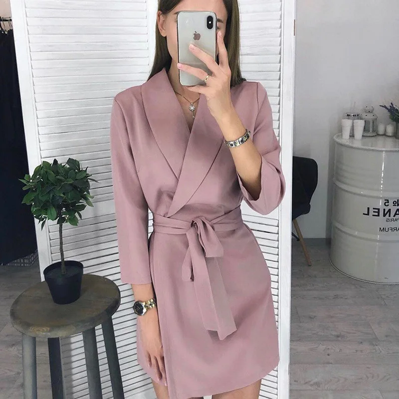 

turn-down collar belted slim blazer dress woman dress