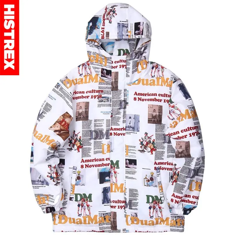Мужская куртка с капюшоном парка газета полный принт Harajuku ветровка уличная 2019