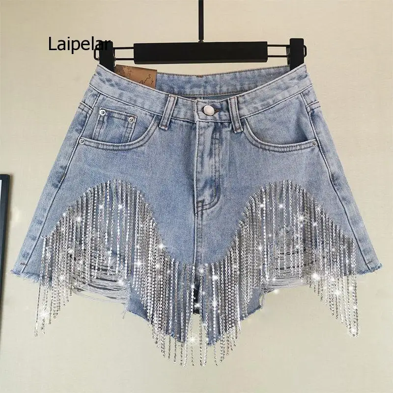 2021 neue Mode Jeans Frauen Loch Quaste Helle Diamant Kette Licht Blau Streetwear Hohe Taille Dünne Kurze Hose