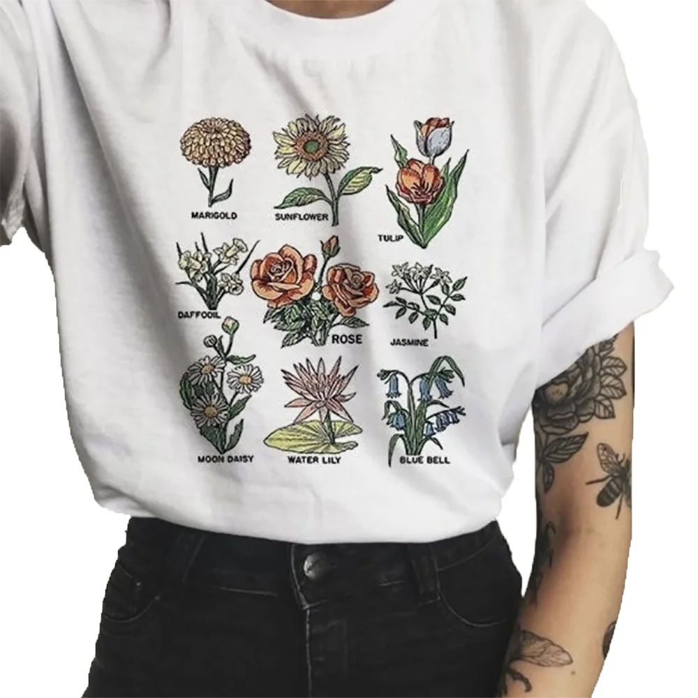 Футболка с цветочным рисунком растений женская одежда гранж топы большого