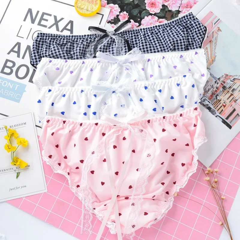 Атласное шелковое нижнее белье с принтом в виде сердца сексуальные кружевные