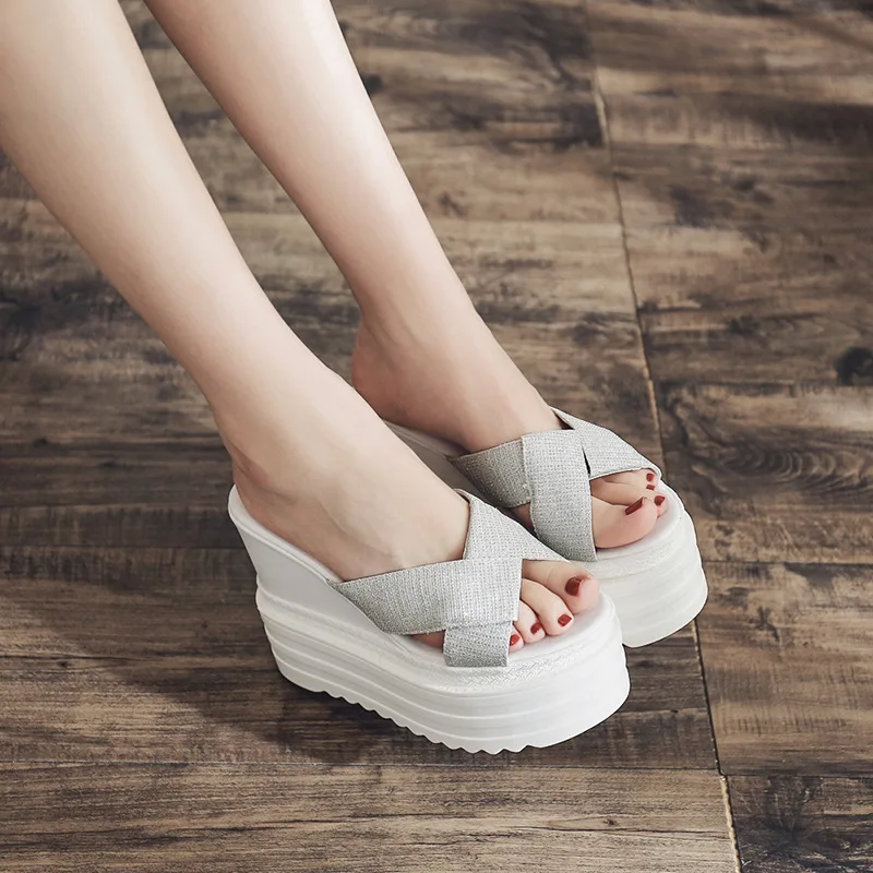 

Outer wear super high heel waterproof platform ladies slippers 2021 new all-match thick-soled hollow sequined fish mouth sandals
