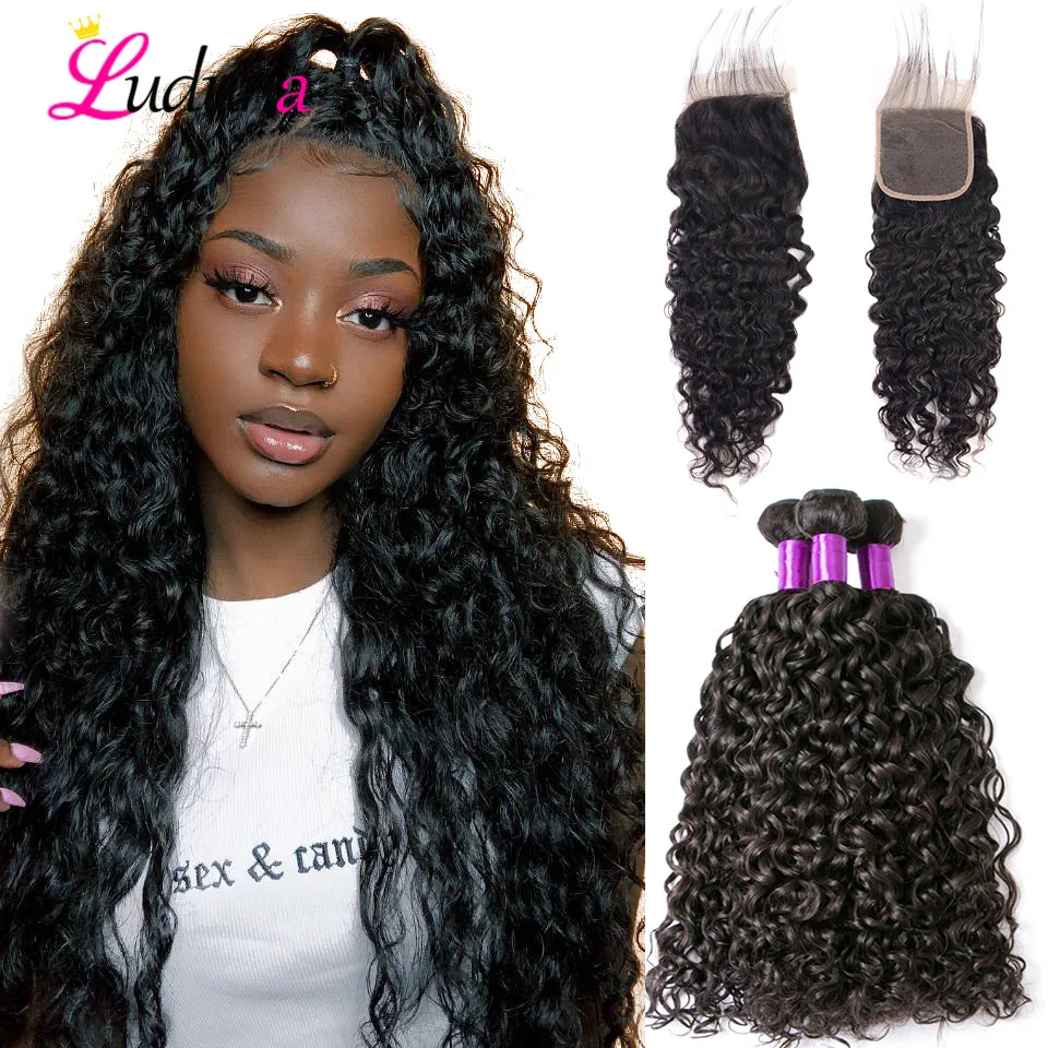 Luduna пучки волнистых волос с закрытием бразильские Remy человеческие волосы 3 пучка