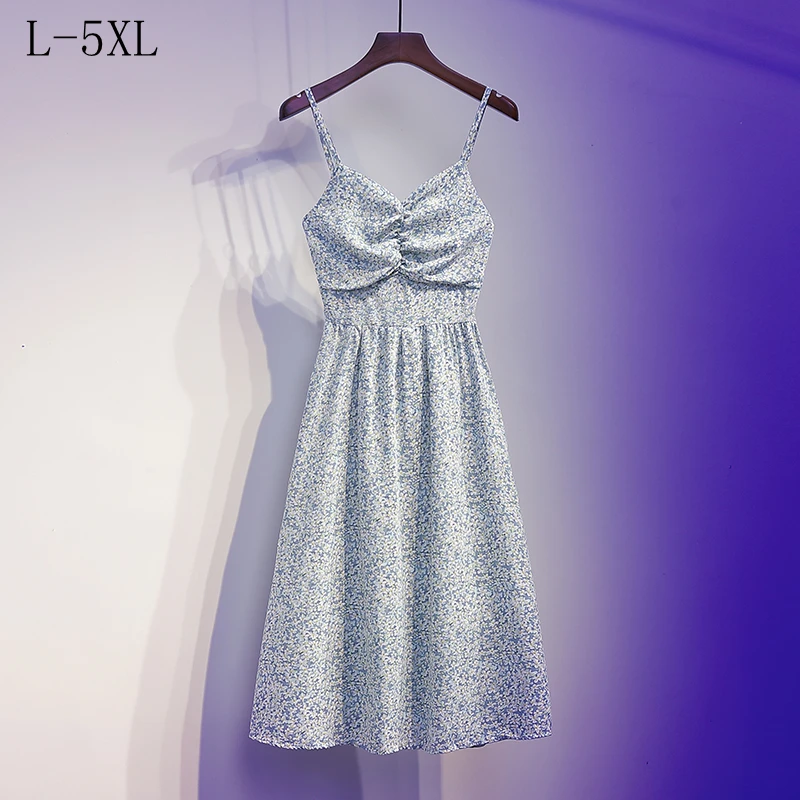

Plus Size Summer Floral Dress Women 3XL 4XL 5XL Sling Beach Ladies Dresses Spaghetti Strap Mujer Femme Woman Midi Dress 2021