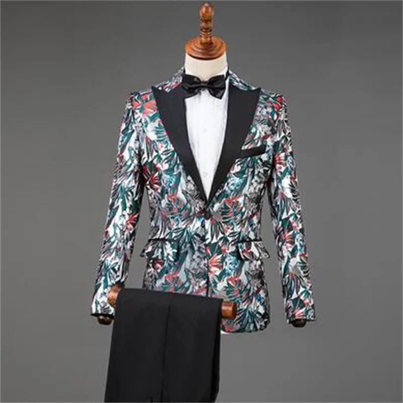 Ternos floral blazer men groom suit set with pants mens wedding suits singer star style stage fashion slim formal dress