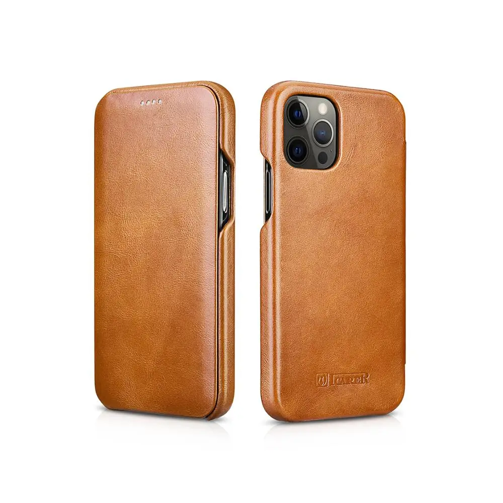 

ICARER Luxury Vintage Leather Phone Case for iPhone 13 12 Pro Max Mini Curved Edge Flip Genuine Leather Retro Cover