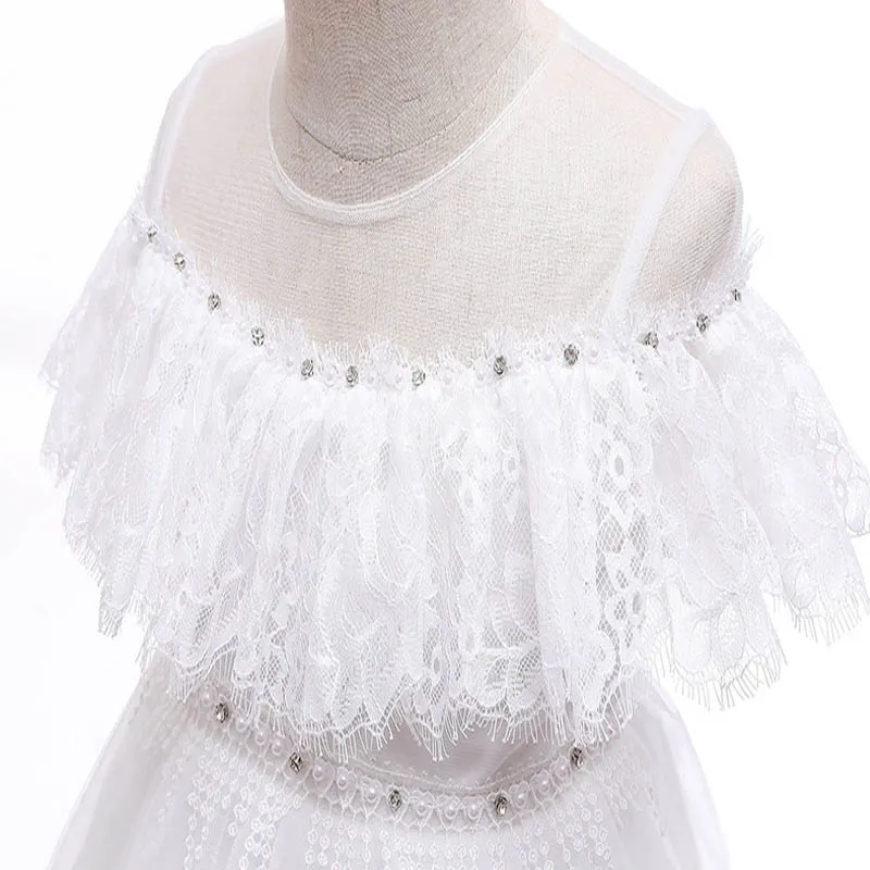 

Flower Girls Dresses Illusion Sleeveless Bow Embroidery Luxury Appliques Tulle O-Neck Knee-Length Kids Party Princess Gown F244