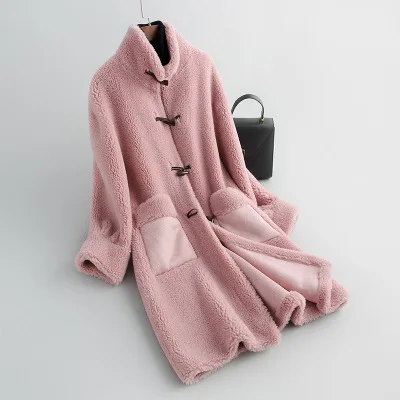 Pink Длинная оторочка из овечьей шерсти, пальто, женская,, зимняя новая оторочка из овечьей шерсти, один длинный рукав, теплое пальто с мехом, hh00110 - Цвет: Pink