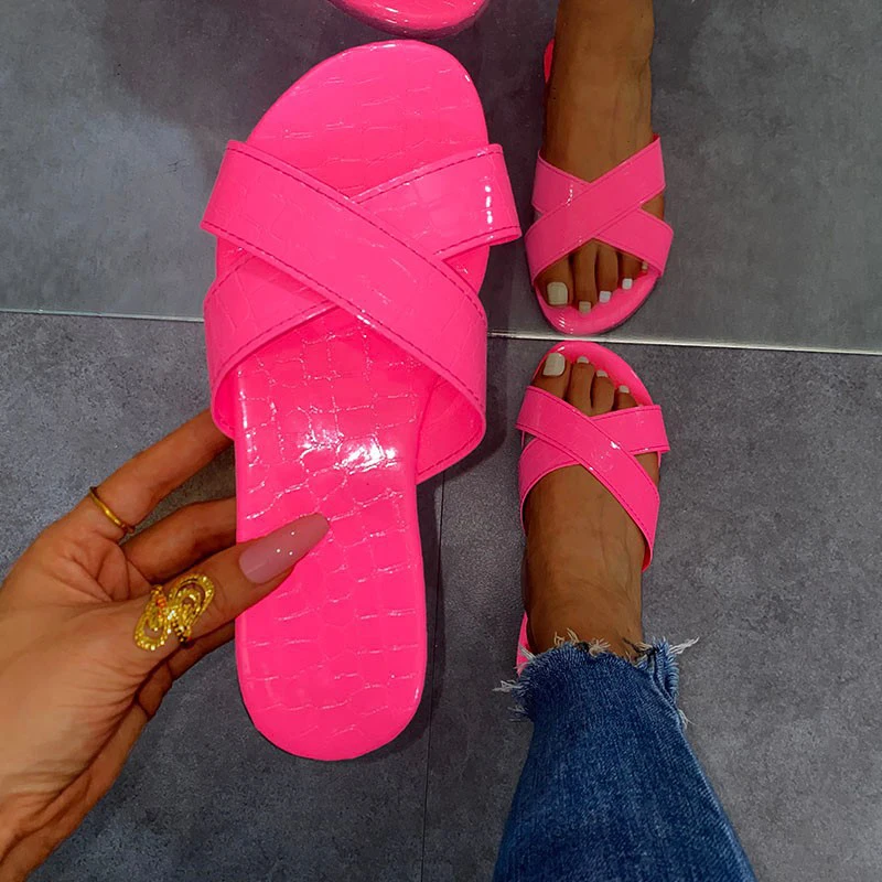 

2021 Summer New Women's Shoes Flat Sandals Open Toe Slippers Solid Color Outdoor Beach Shoes Cross Style Plus Size 36-43