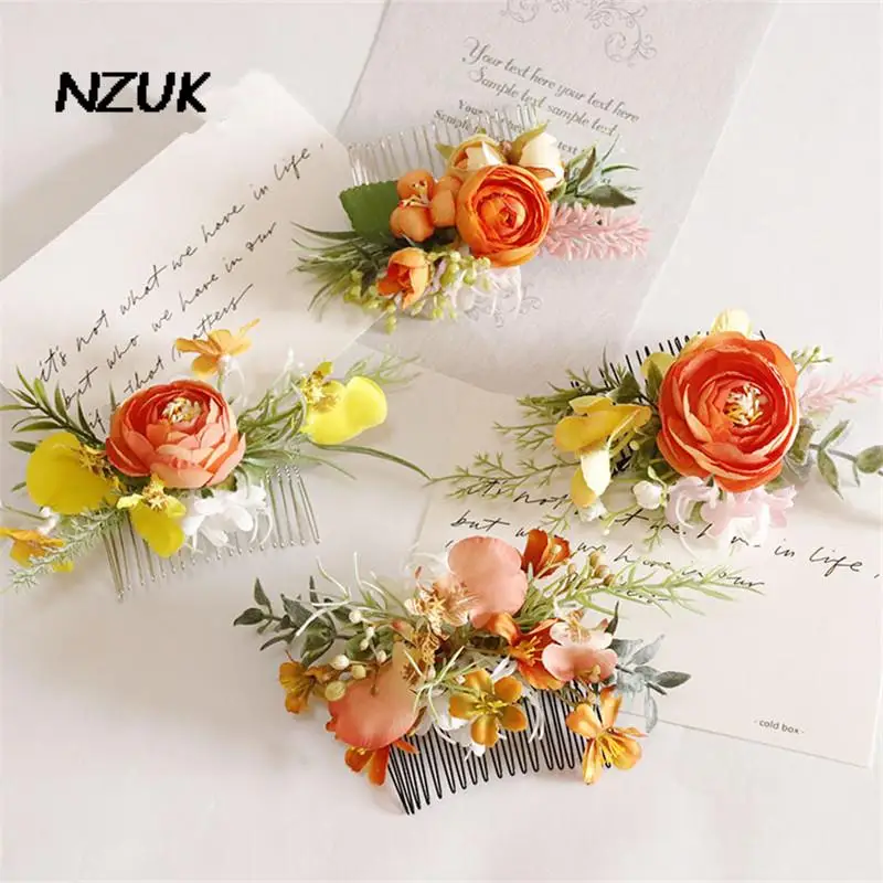 

NZUK Yellow Orange Wedding Hair Combs Korean Flower Hairstyle Accessories For Women Floral Hair Vine Headpiece
