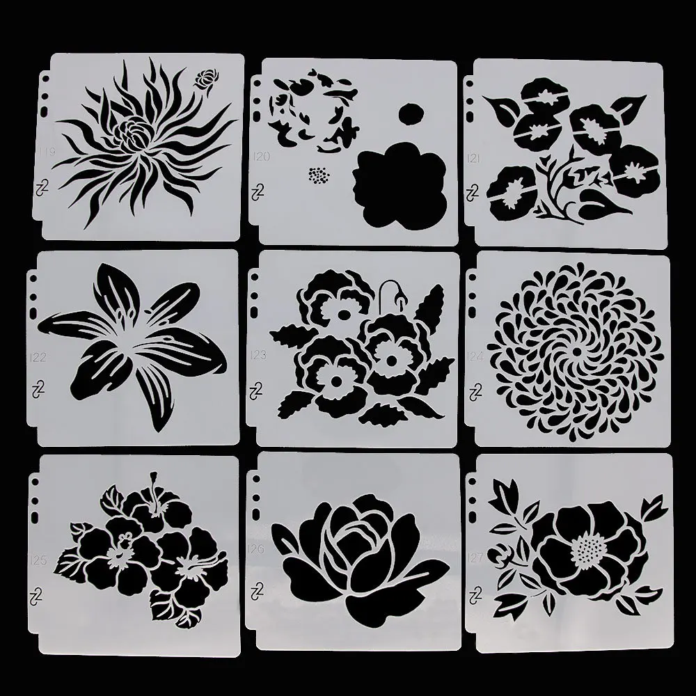 

9pcs 14.1cmx13cm Reusable Plastic Painting Templates Stencils Mold for Fabric, Scrapbook, Painting (9 Flower Patterns) S119127