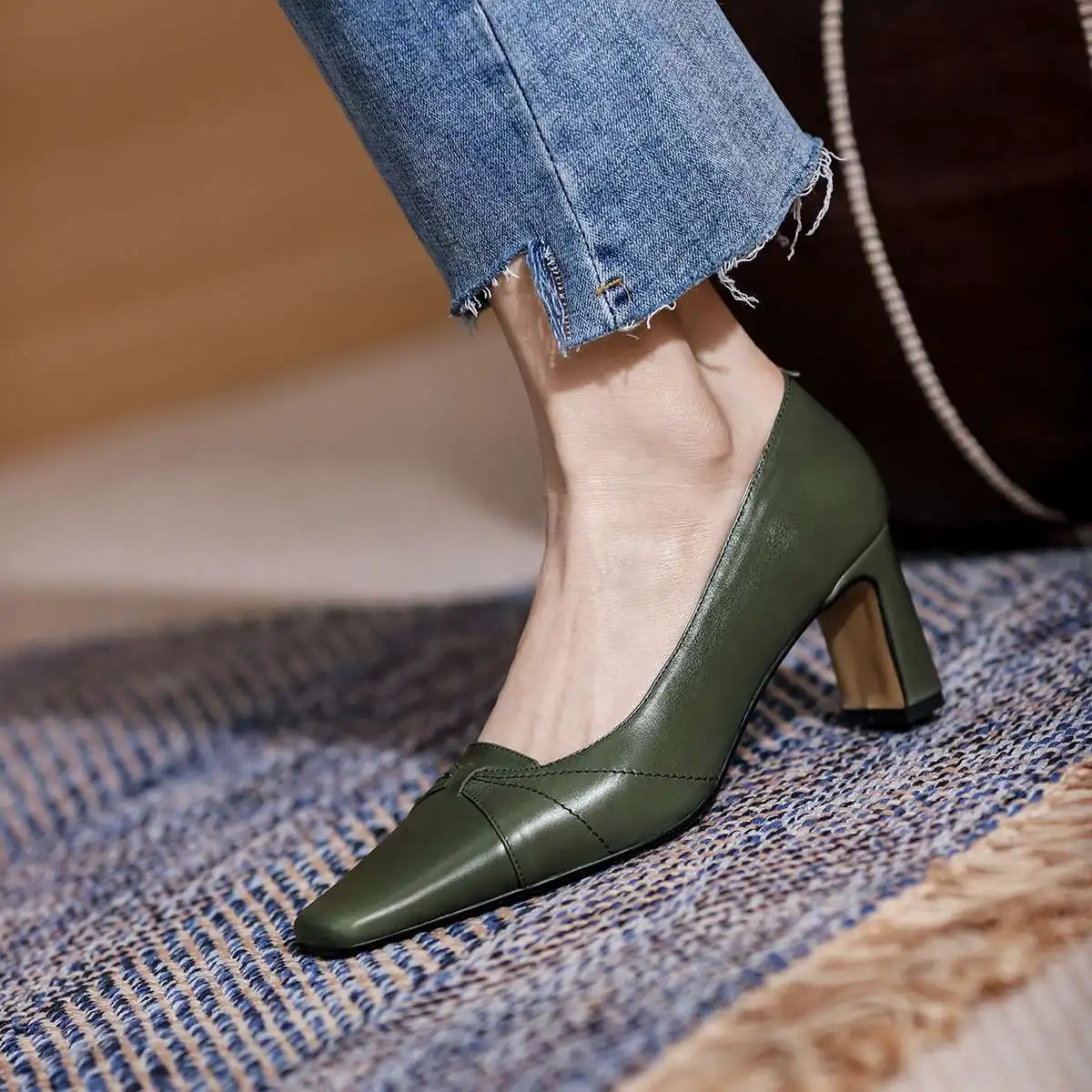

Krazing Pot genuine leather square toe high heels European style mature young lady daily wear simple solid cozy women pumps L93