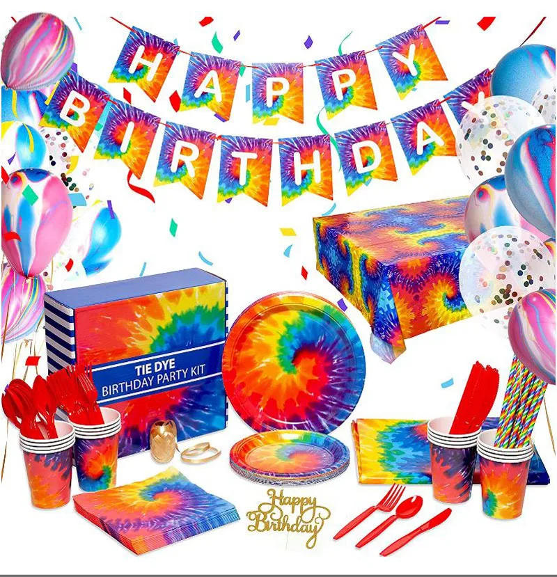

Package16 People Theme Happy Birthday Hippie Party Decor Tie Dye Theme Rainbow Birthday Disposable Tableware Set Kids Favor