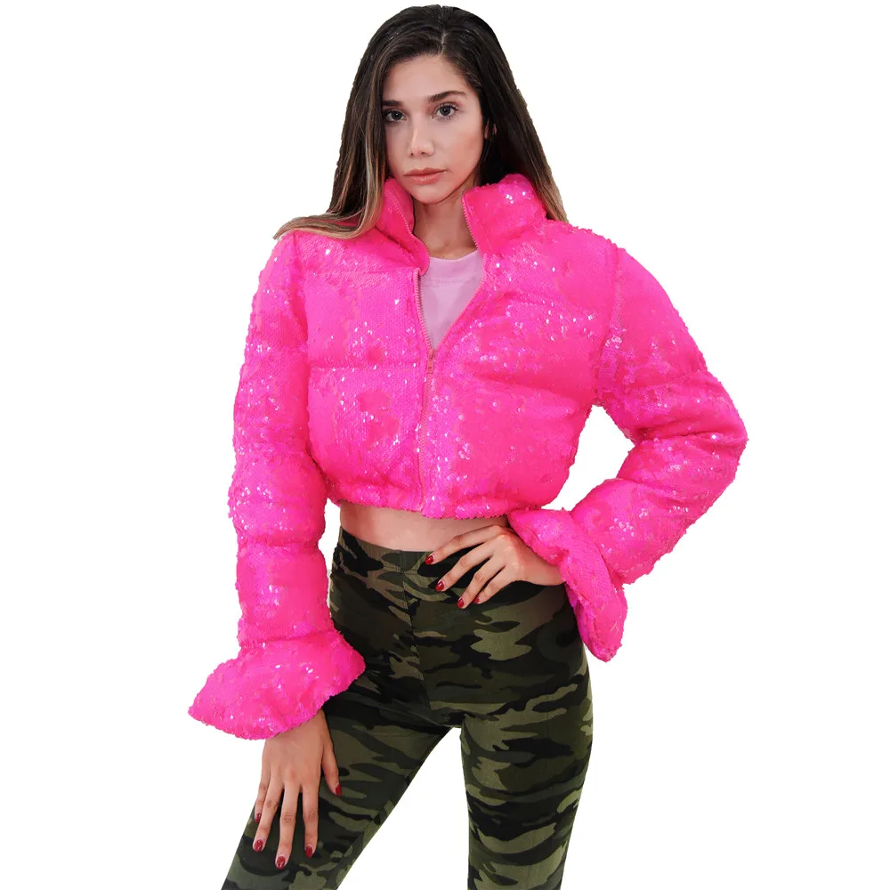 

Cropped Puffer Jacket Pink Sequin Bell Sleeve Parka Bubble Coat Winter 2021 Fall Women XL XXL