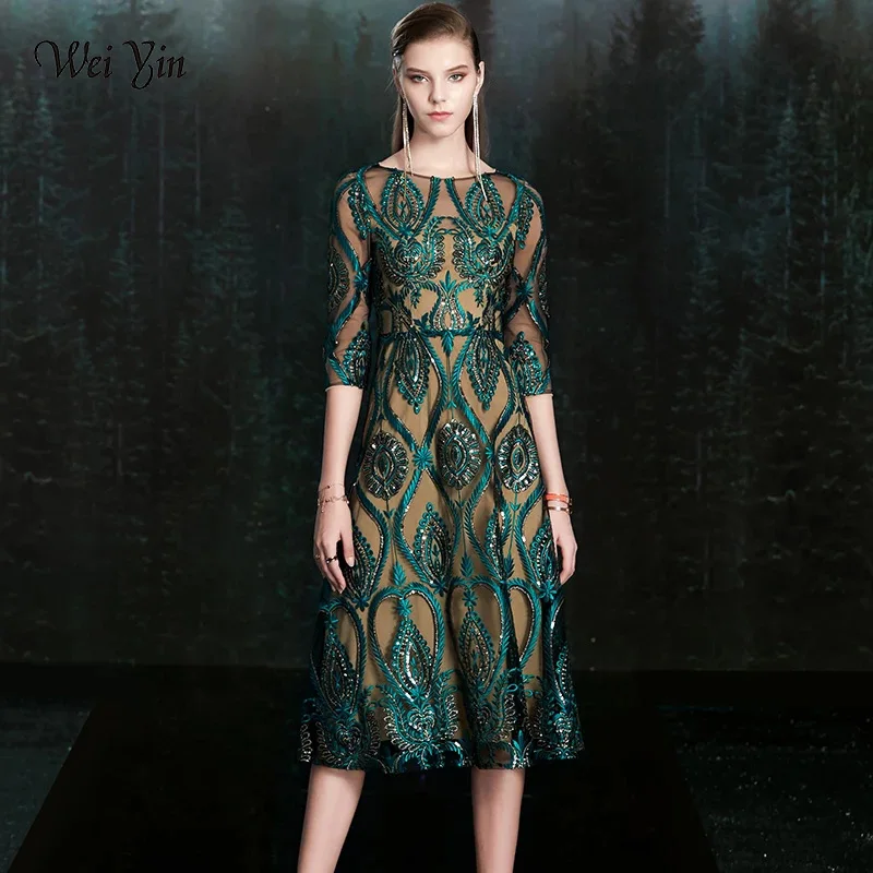 wei yin New Banquet Elegant Green Evening Dress Vintage Sequ